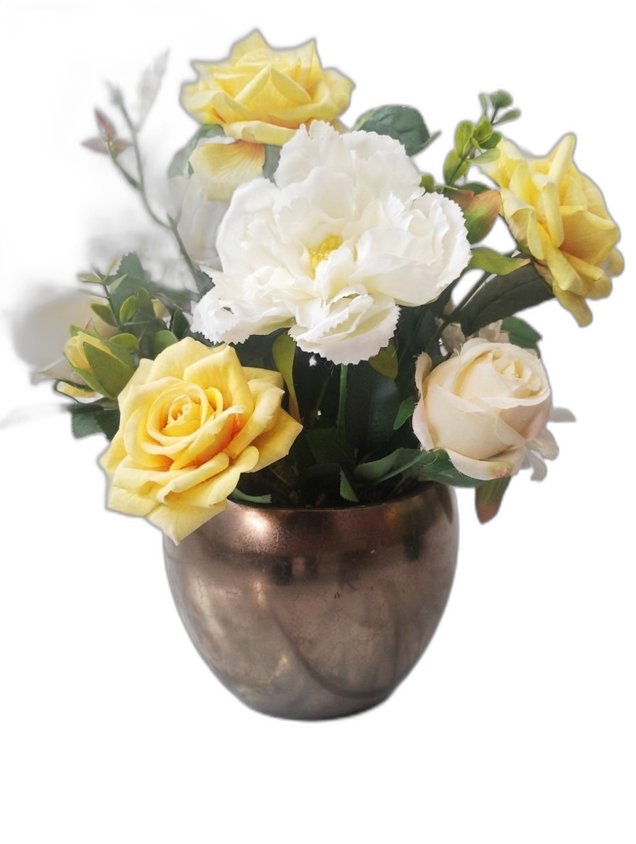 Vaso Branco com Rosas Importadas Brancas e Amarelas
